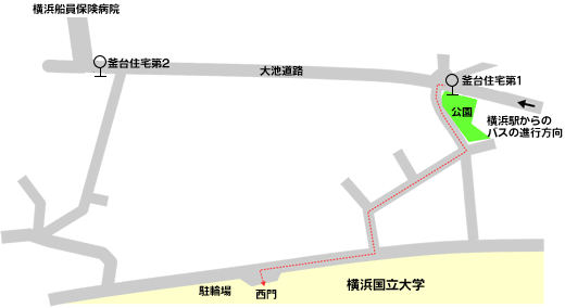 釜台住宅第1バス停から西門までの地図